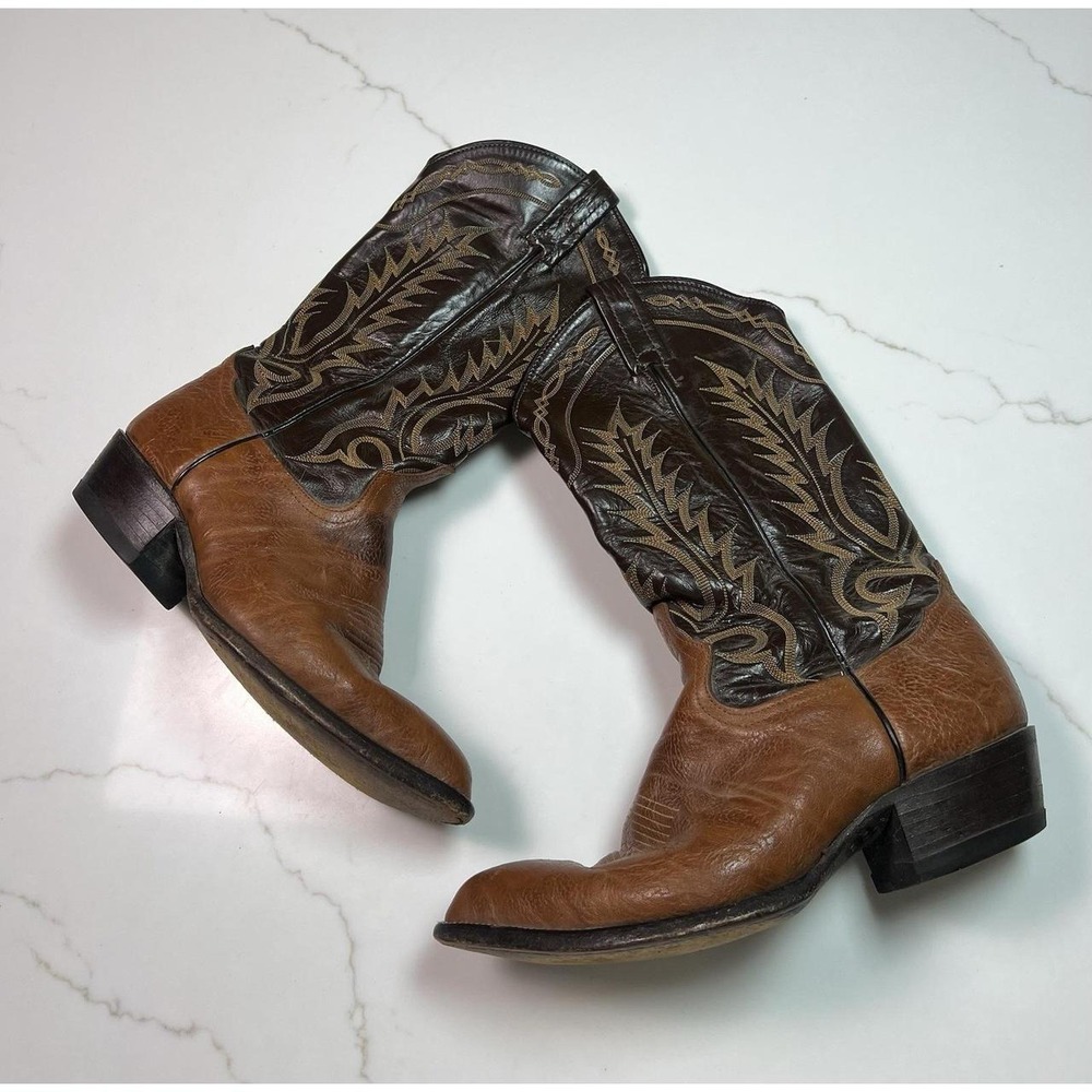 Tony Lama Cowboy Boots Mens Brown Leather Pointed Toe Western Style 6552 8.5 EE
